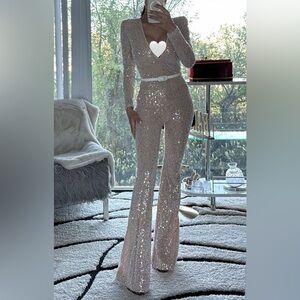 NADINE MERABI Blush Sequin Boot-Cut Jumpsuit